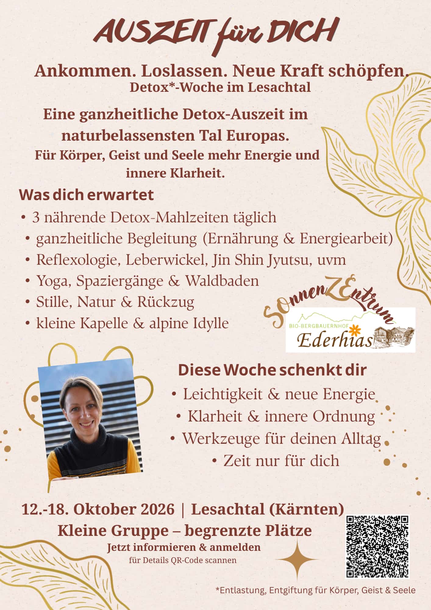 Plakat: Auszeit für dich — Detox-Woche im Lesachtal, 12.–18. Oktober 2026